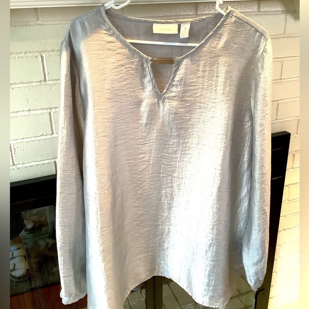 Chico's Silver Shimmery V-Neck Long Sleeve Top